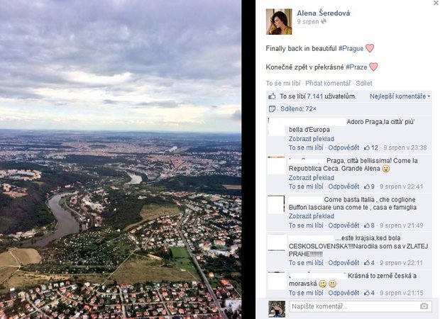 Alena Šeredová je zpátky v Čechách, napsala to na svém facebookovém profilu. Foto: Facebook Aleny Šeredové