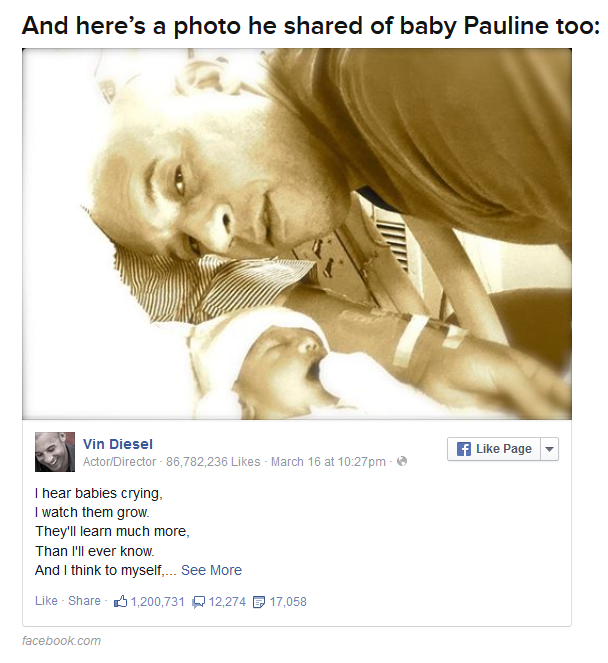 Vin Diesel a jeho dcera Pauline, se kterou se pochlubil na svém facebooku Foto: 